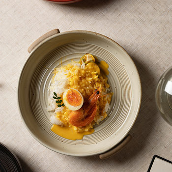 Japanese Style Vintage Stoneware Tableware Binaural Baking Plate Soup Plate Deep Plate Ceramic Household Commercial Western Food Plate Salad Dish Plate