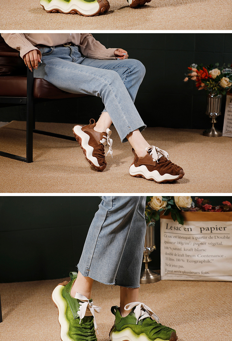 Giày sneaker nữ da bò thật đế dày phong cách thể thao dây buộc — màu nâu, màu xanh lá cây