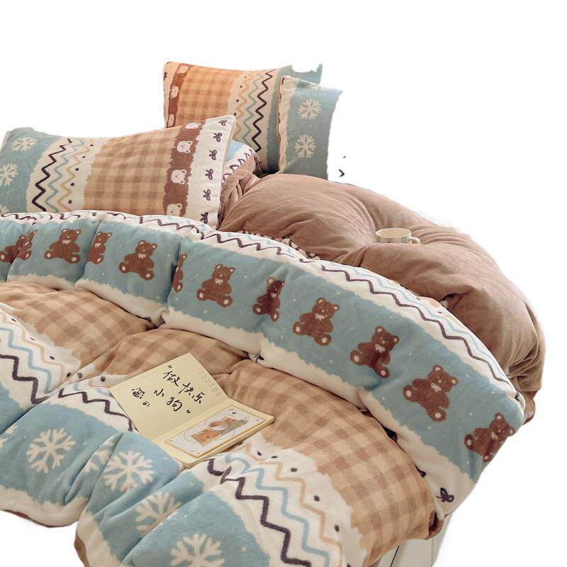 New A-Class Ins-Style Girl Cartoon Thickened Milk Velvet Four-Piece Bedding Set, Student Dormitory Three-Piece Bedding Set