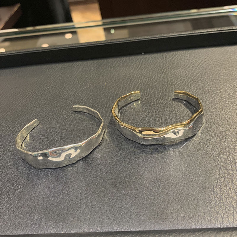 Silver gold color matching flat concave and convex heavy industry double layer 2024 new vintage bracelet women's ins cold style wide version to do the old