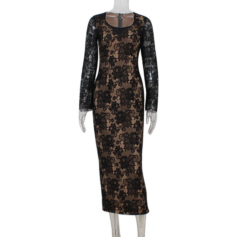 Elegant Lace Long Sleeve Bodycon Dress Slim Fit Waist Cinching Chic Style Perfect for Spring and Autumn Events