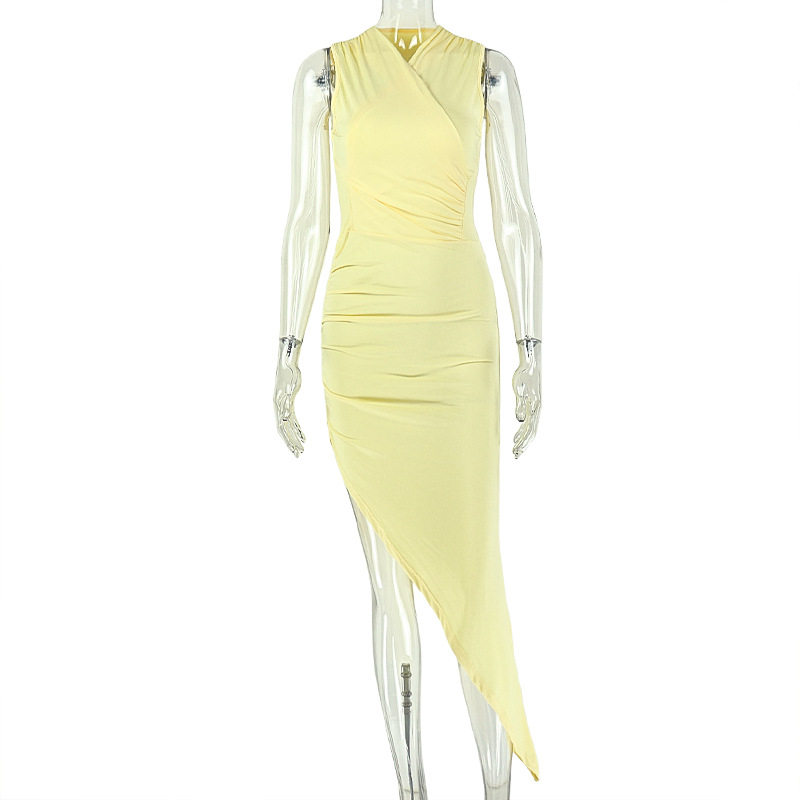 Solid Color V Neck Sleeveless Bodycon Maxi Dress Mid Waist Ruched Side Slit Slim Fit Casual or Evening Wear