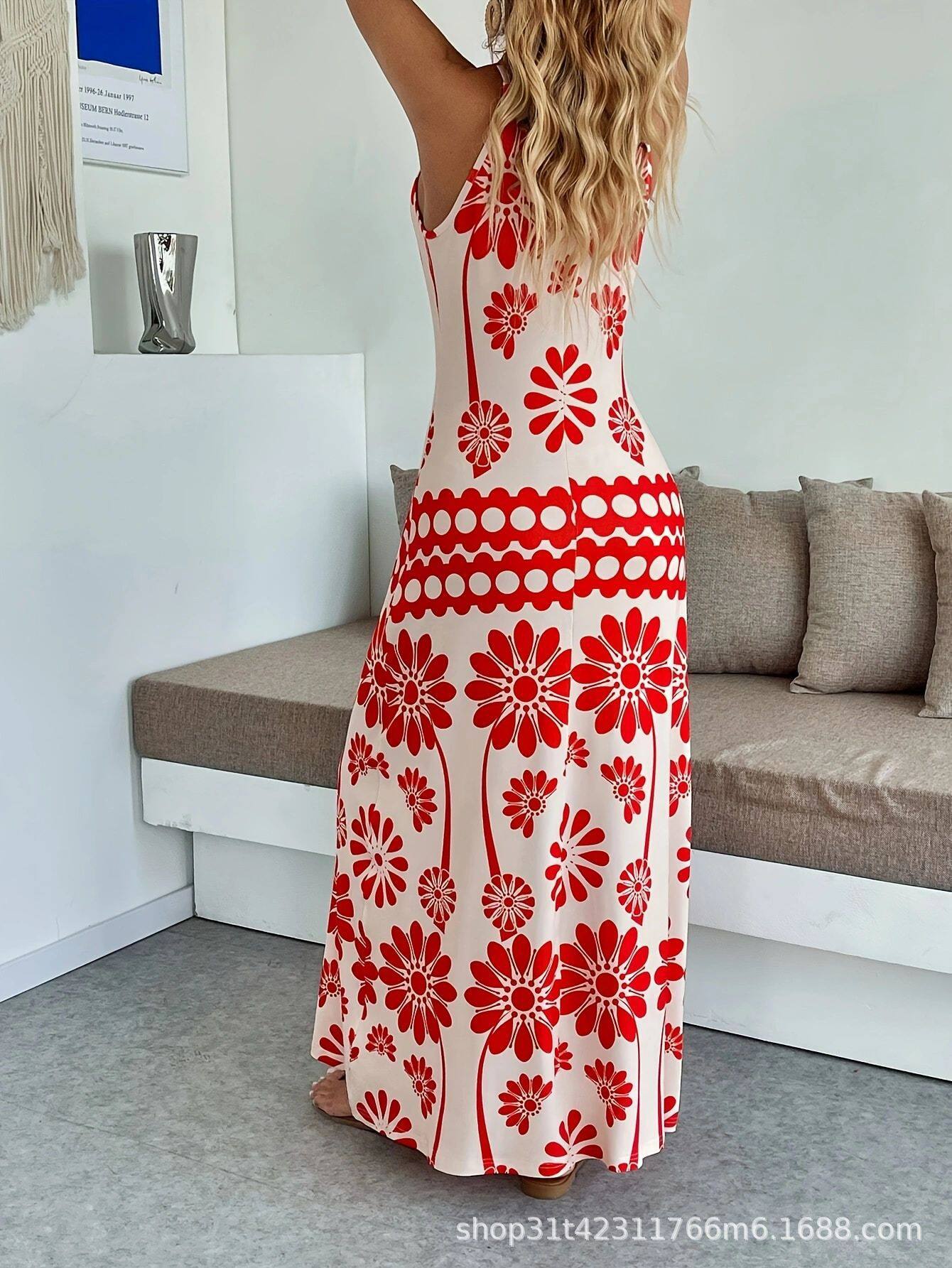 Bohemian Maxi Dress for Women Floral Print Adjustable Straps Lightweight Fabric Summer Casual Wear Wholesale