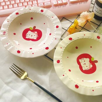 Apple Kitten Internet Red Straw Hat Plate French Style High Beauty Value Ceramic Tableware Plate Home Western Dessert Breakfast Plate