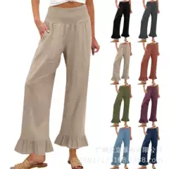 Women's Summer Cotton Linen Solid Color Loose Pleated Ruffle Casual Beach Vacation Pants