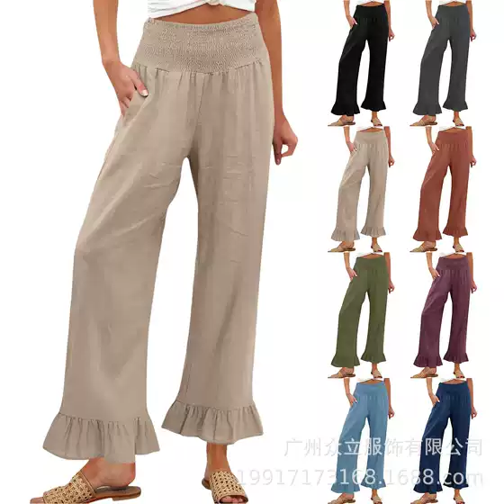 Women's Summer Cotton Linen Solid Color Loose Pleated Ruffle Casual Beach Vacation Pants