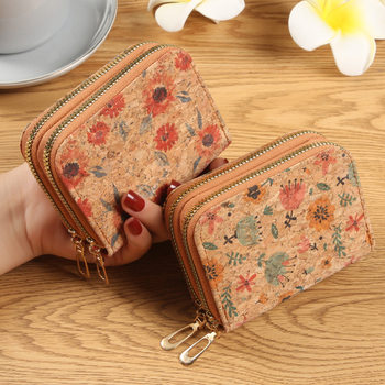 Cross-border New Retro Soft Wood Printed Leather Multi-functional Large Capacity Portable Card Bag Short Double Zipper Wallet