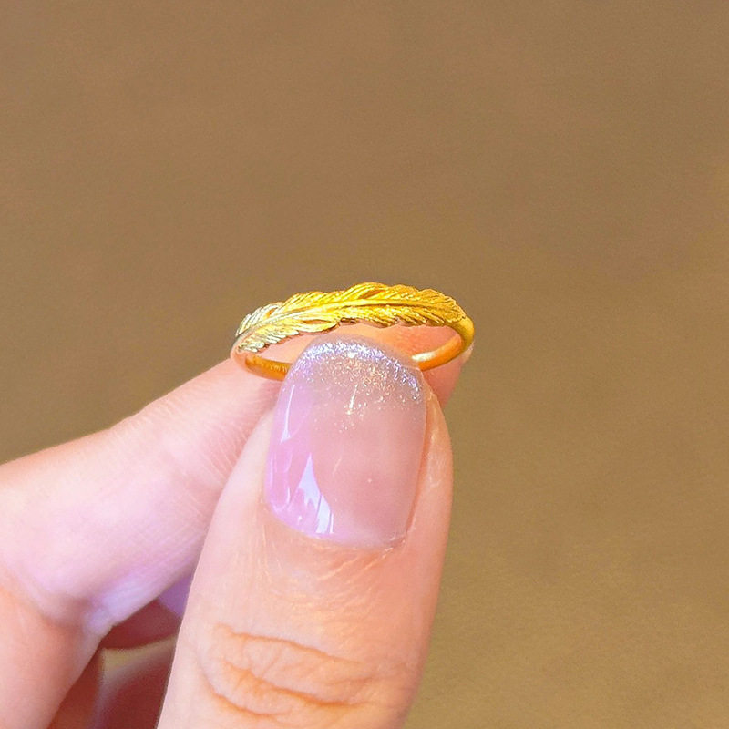 simple feather ring female niche versatile temperament golden adjustable ring