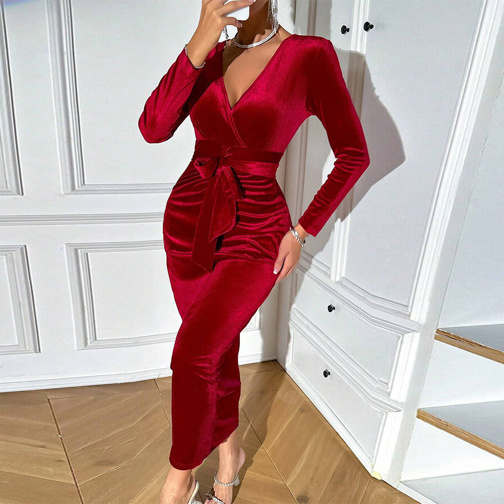 Red Velvet Midi Dress V Neck Elegant Design Autumn Winter Style Perfect for Parties and Events Wholesale Available
