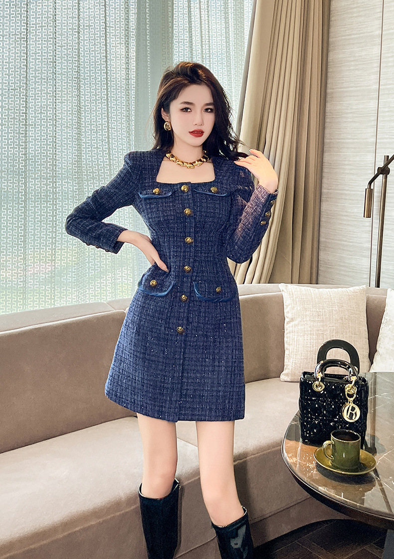 Đầm nữ dáng chữ A cổ vuông thắt eo vải tuýt dài tay — Màu tím xanh lam