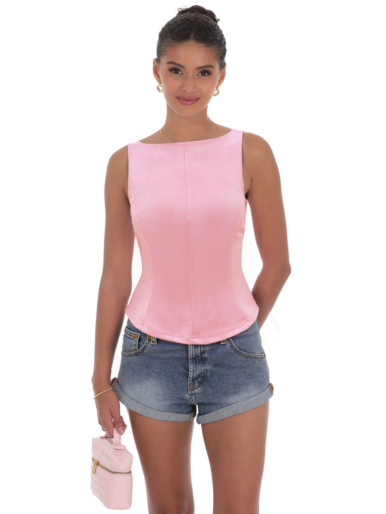 Womens Summer Sleeveless T Shirt Solid Color Back Tie Design Waist Cinching Casual Fashion Top Wholesale Available