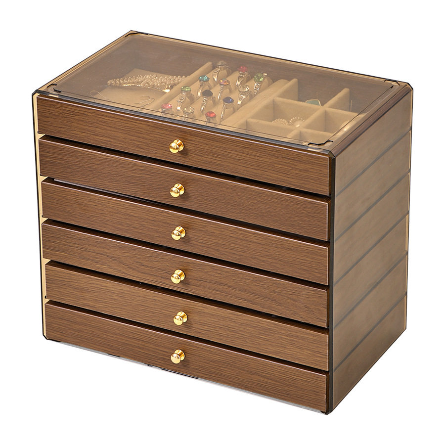 Drawer-Type Jewelry Box Solid Wood Walnut Color Jewelry Box Moisture-Proof and Dust-Proof Three-In-One Jewelry Storage Box Multi-Functional