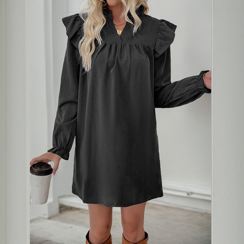 Long Sleeve Ruffle Hem Dress Loose Fit Solid Color Stand Collar Casual Wear Spring Fall Wholesale Available
