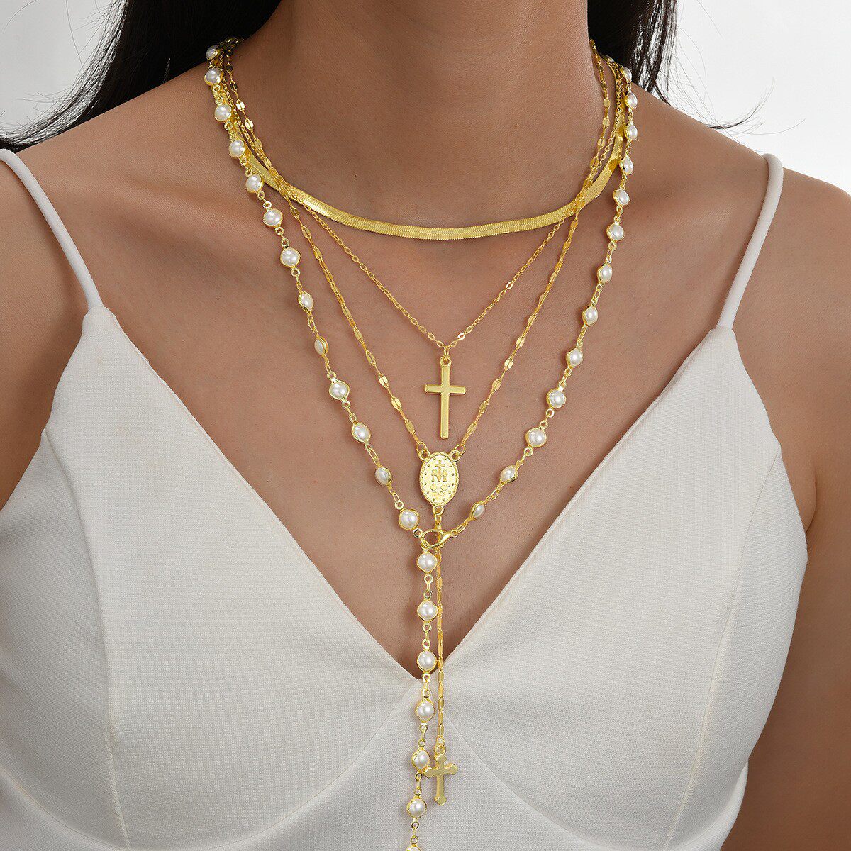 镶嵌彩钻爱心吊坠流苏项链四件套装百搭小众轻奢气质项饰叠戴锁骨