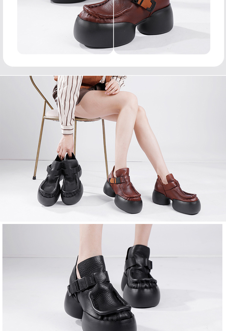 Giày boot nữ cổ cao da bò thật đế bánh xốp gót nêm — Màu nâu đậm