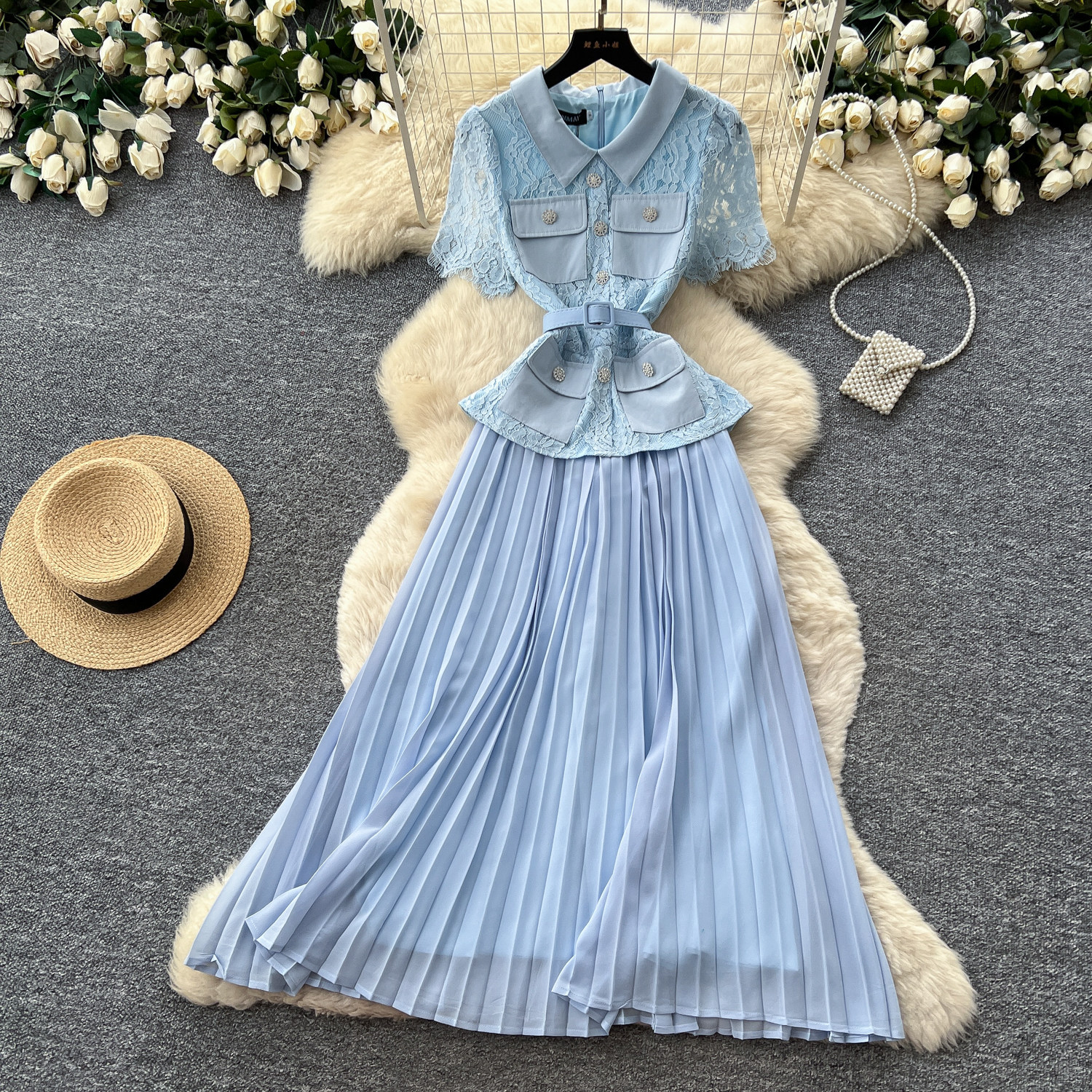 Red Lace Trimmed Dress French Chic Elegant Pleats Summer Style Perfect for Commuting and Special Occasions