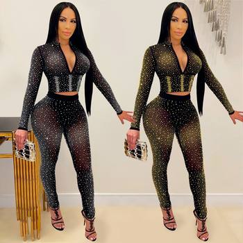 OS6679 Cross-border European and American Women's Fashion Sexy Tight Mesh Perspective Long Sleeve Hot Drilling Two-piece Pants Suit Women