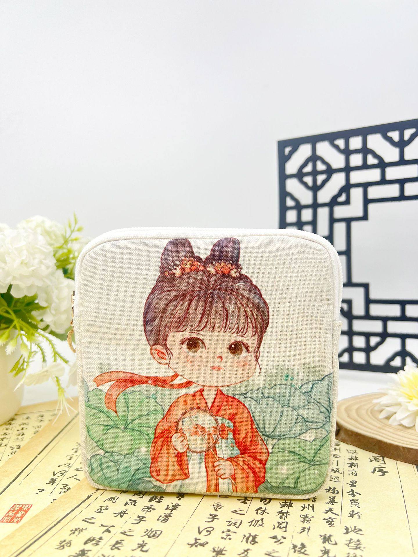 Portable Large-Capacity Napkin Cosmetics Bag for College Students, Chinese Style Cosmetic Bag, Digital Printed Cotton and Linen Card Holder, Coin Purse