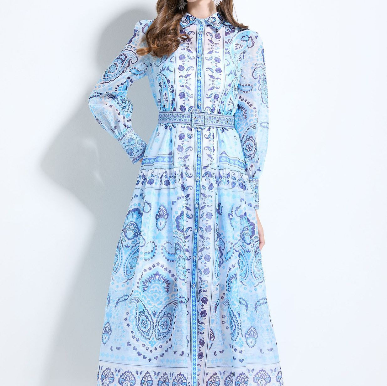 Vintage French Elegant Floral Print Maxi Dress for Women Waist Defining Flared Skirt Pleated Design Perfect for