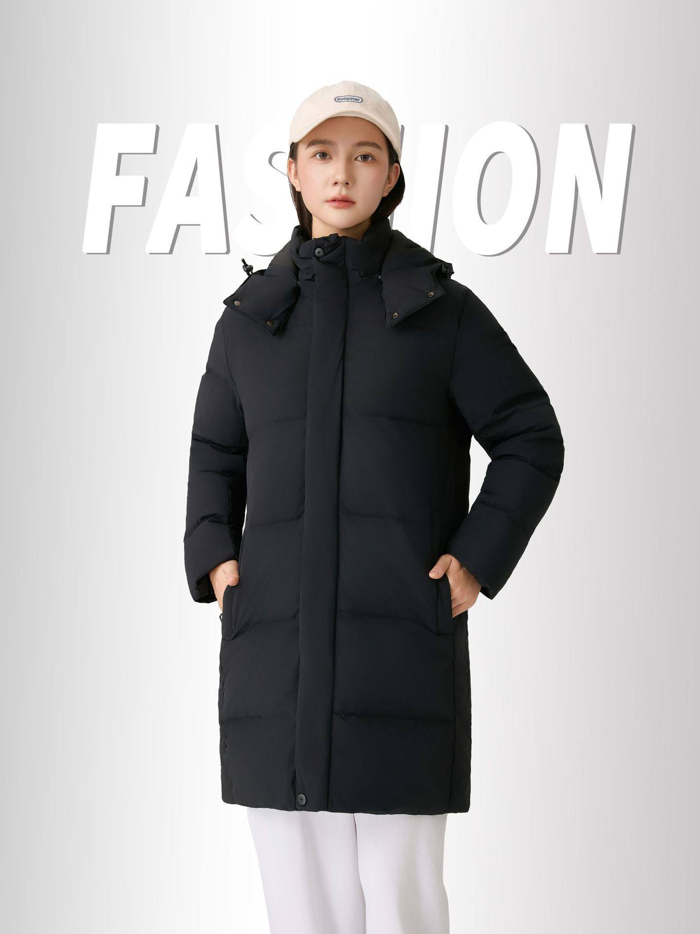 90% White Duck down Mid-Length down Jacket with Custom Logo, Thickened for Extreme Cold Weather, Suitable for College Training, Over-The-Knee Long down Jacket