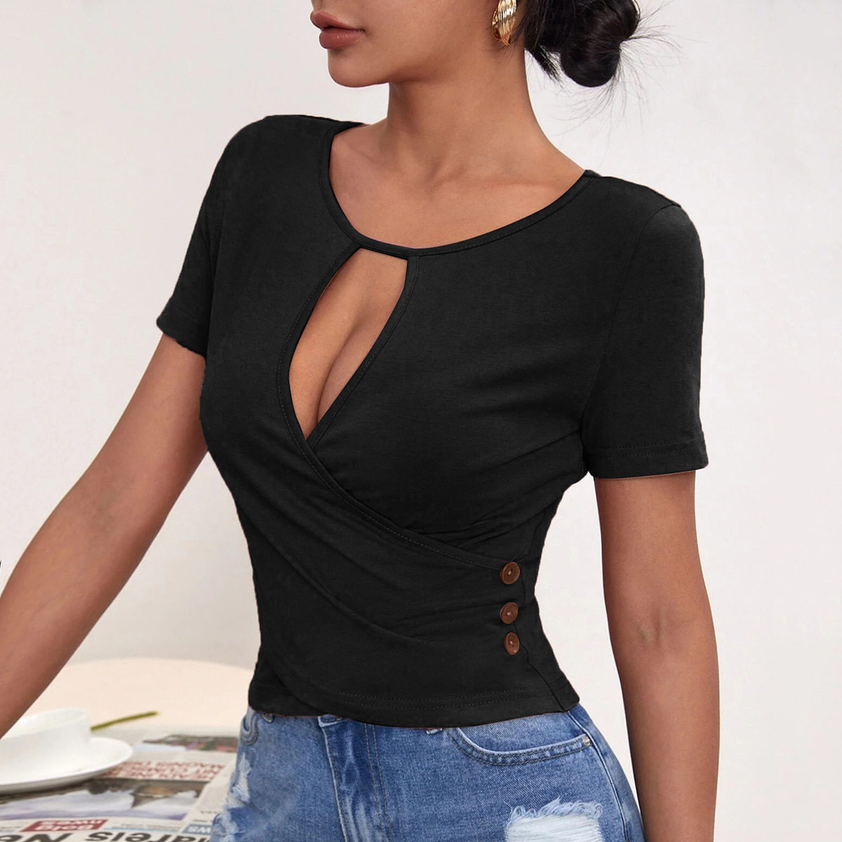 Womens Casual Short Sleeve T Shirt Sexy Hollow Out Design Button Detail Slim Fit Stylish Summer Top Wholesale