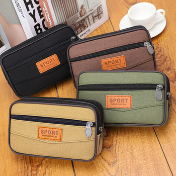 New Men's Canvas Mobile Phone Bag Wear Belt Site Waist Bag Three-Layer Zipper Waterproof Mobile Phone Bag