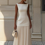 2025 Amazon, европейский и американский женский однотонный вязаный жилет без рукавов с перекрестной каймой + вязаная юбка, костюм-двойка