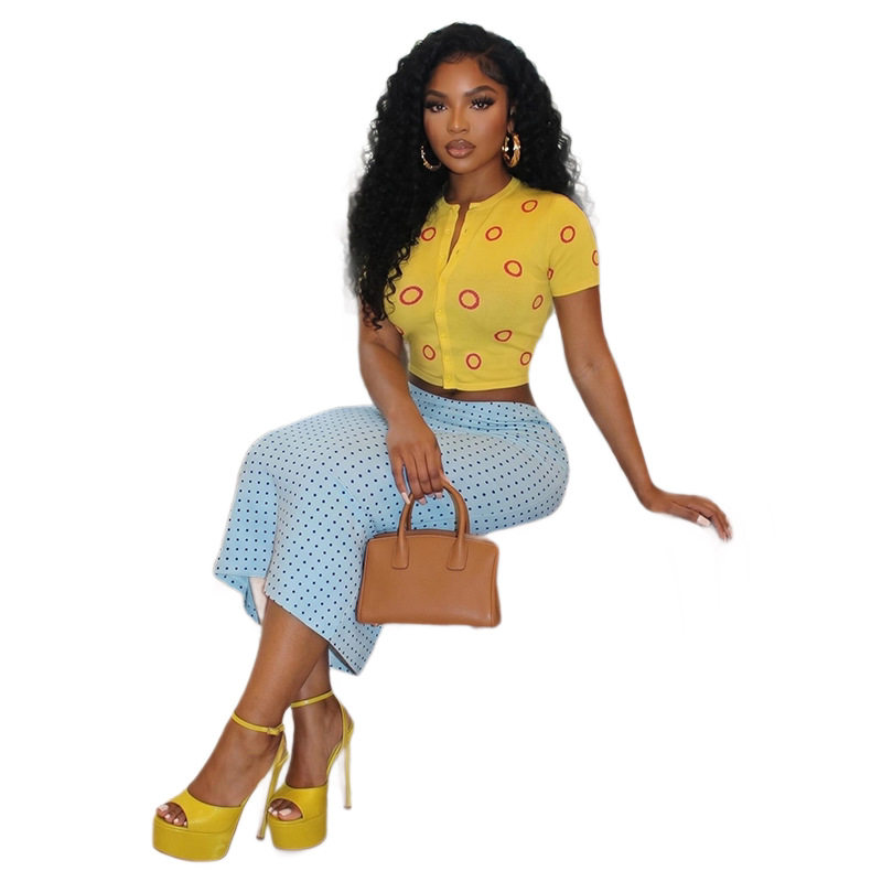 Fashionable Womens Two Piece Set Short Sleeve Top Polka Dot Print Bodycon Skirt Casual Streetwear Wholesale