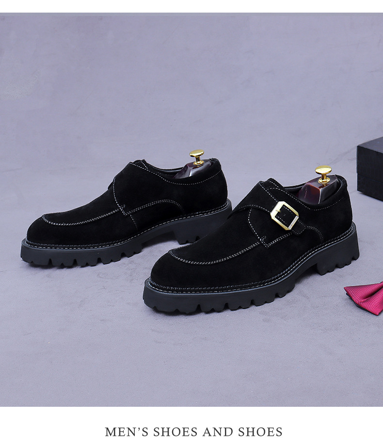 Giày loafer nam da bò lộn mũi tròn khóa cổ điển đế dày tăng chiều cao — đen, màu nâu mocha