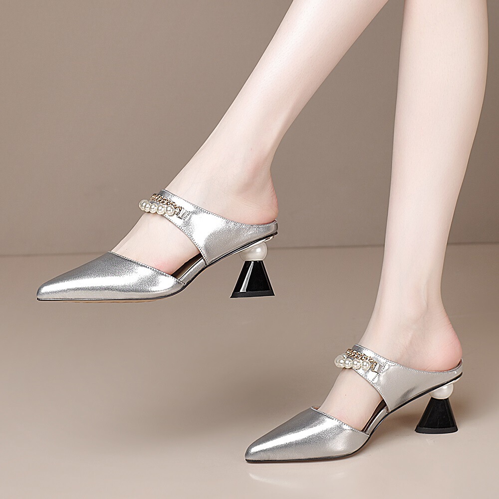 Sandal cao gót nữ mũi nhọn gót vuông đính chuỗi ngọc trai phong cách thanh lịch — Màu bạc, Màu trắng