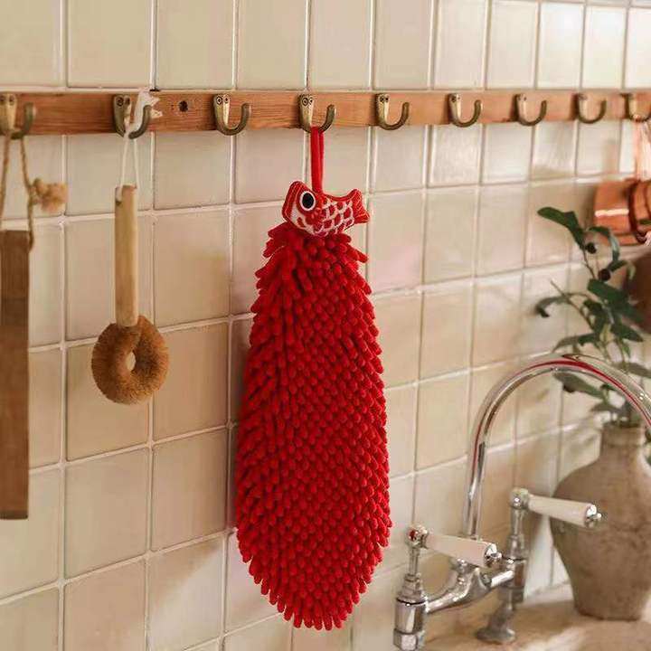 Chenille Hand Towel, Bright Red Festive Gift Towel, Kitchen and Bathroom Hanging Absorbent Towel, Household Hand-Drying Towel with the Character for Good Fortune