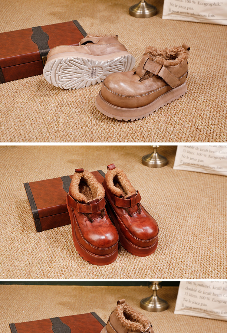 Giày boot nữ cổ cao da bò lộn thật lót lông cừu đế dày giữ ấm mùa đông — màu kaki, nâu sẫm