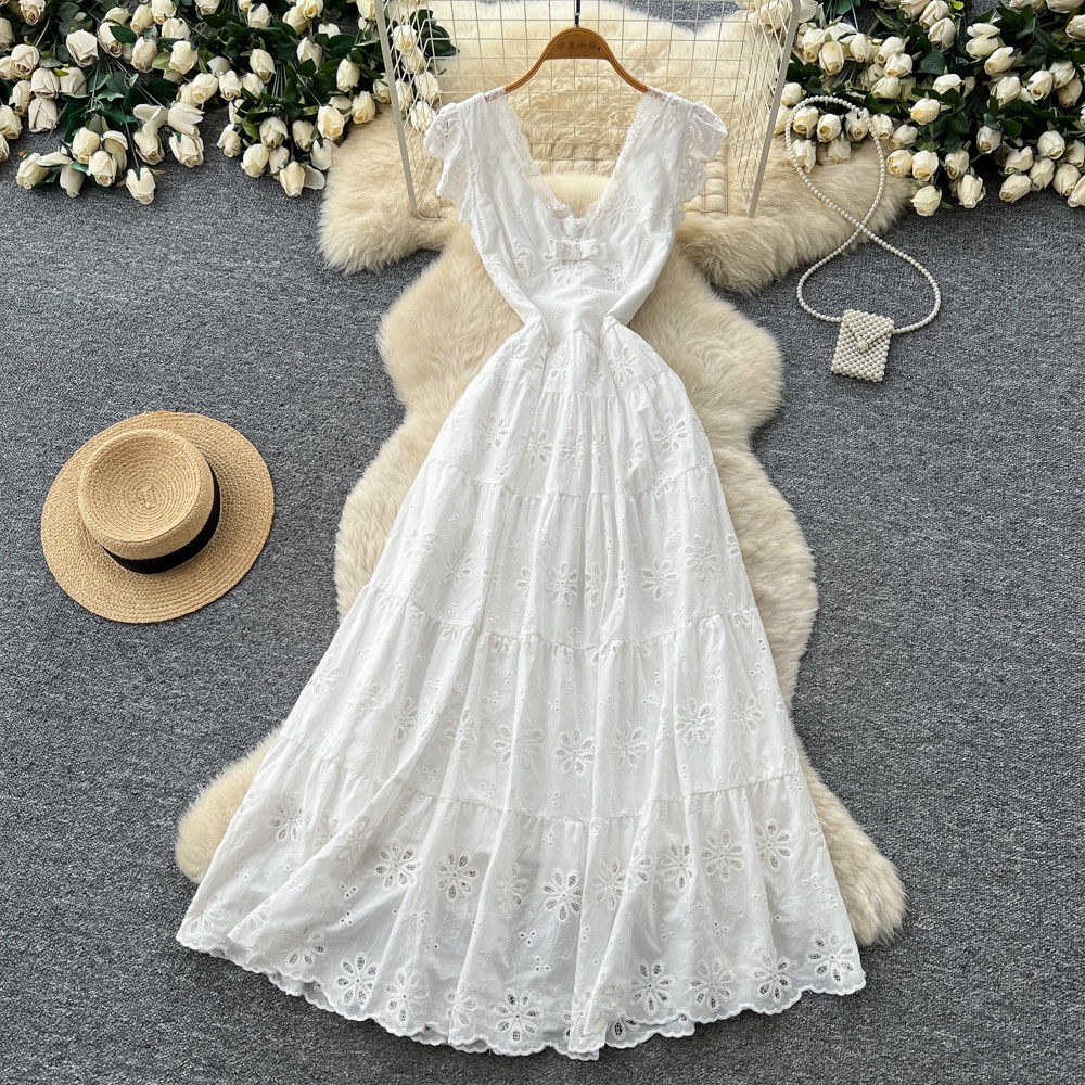 French Vacation Style V Neck White Hollow Lace Trim Maxi Dress for Women High Waist Slim Fit Elegant Summer Wear