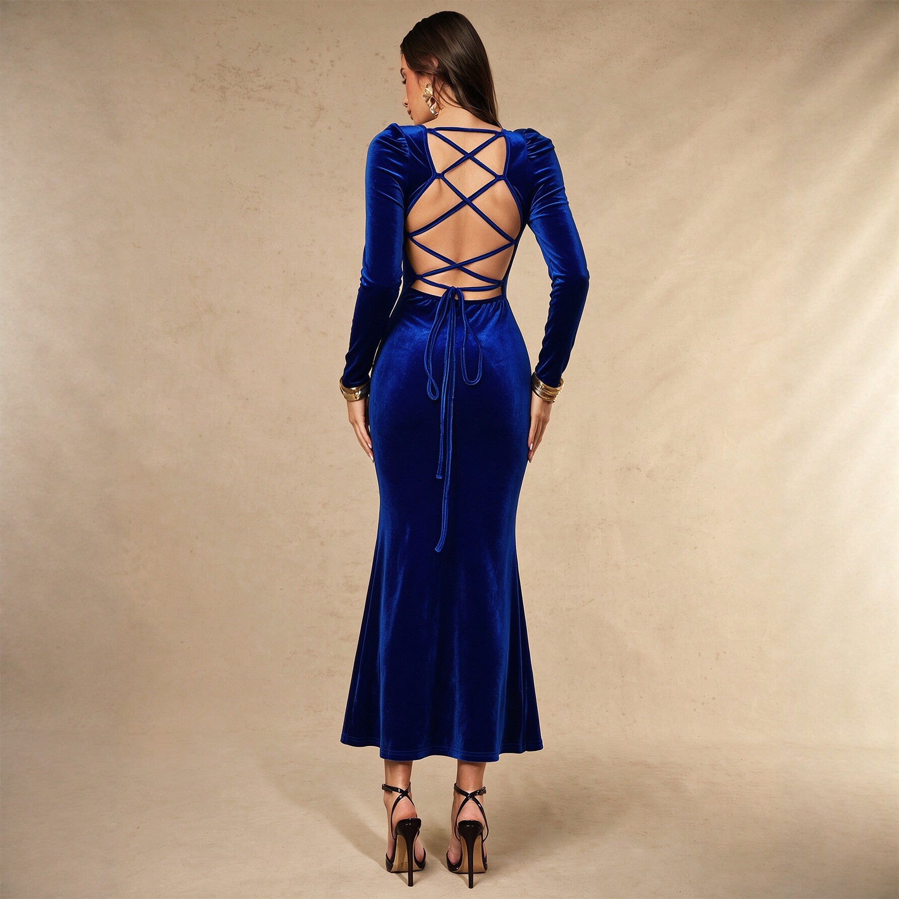Velvet Maxi Dress for Women Square Neck Cross Back Tie Fitted Waist Flattering Mermaid Style Evening Wear