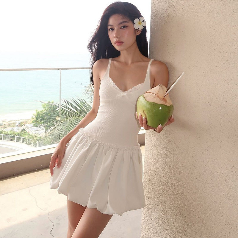 Summer Floral Puff Dress for Women Bow Tie Waist Slim Fit Beach Vacation Style Available in Multiple Colors