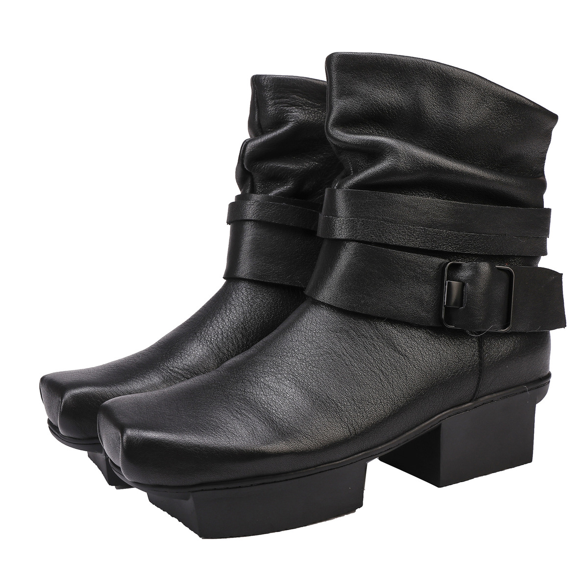 Boot nữ da bò thật cổ thấp mũi vuông gót vừa phong cách retro — màu đen, màu nâu