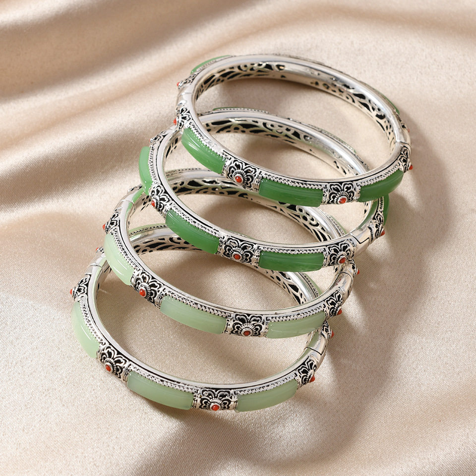 Hetian Jade Literary Retro Bracelet Alloy Inlaid with Old Hetian Jade Bracelet Hollow Lace Women's Bracelet Live Broadcast