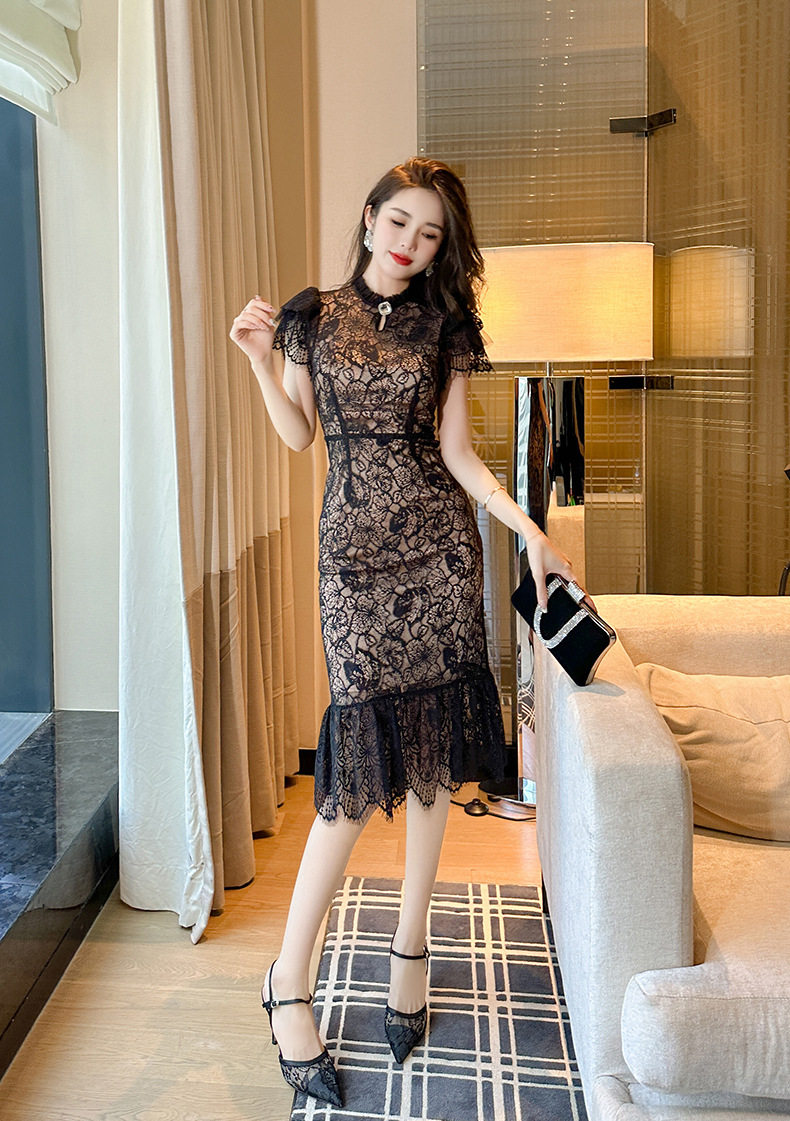 Đầm ôm body nữ ren xuyên thấu kiểu sườn xám Trung Hoa tay ngắn — [Đen Champagne] chi tiết 13