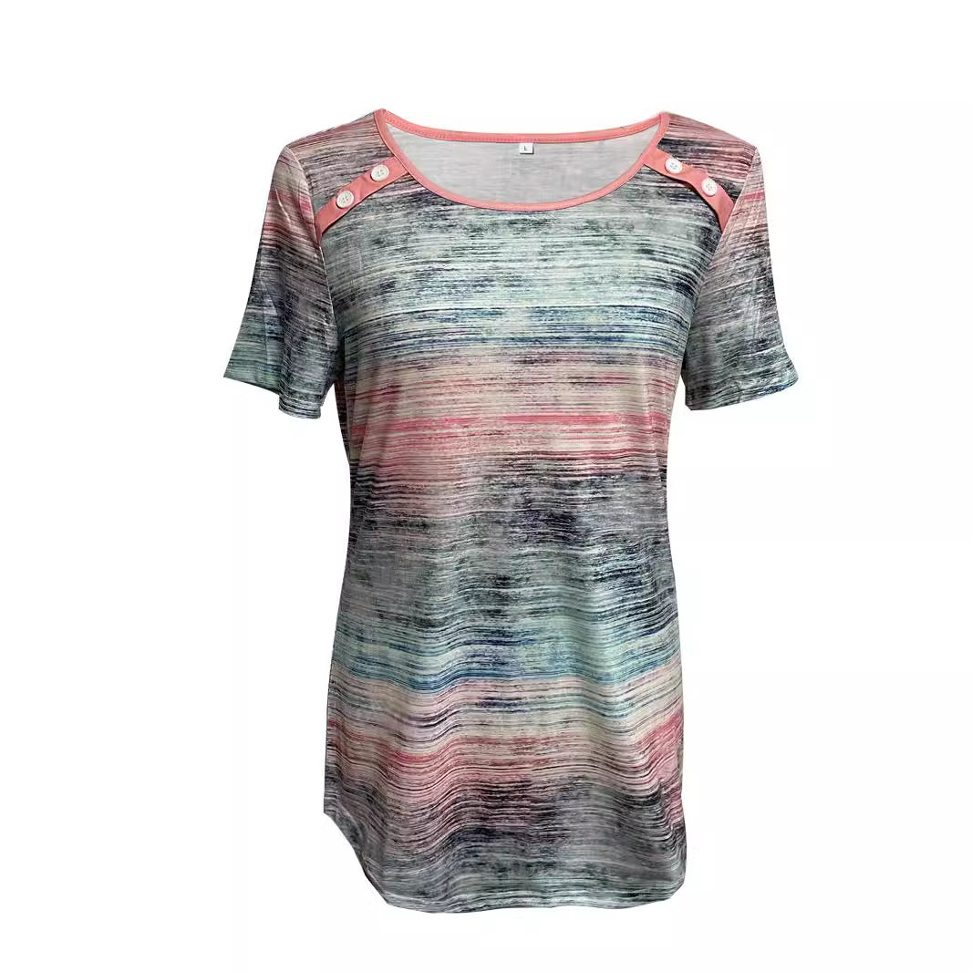 Summer Womens Color Block Floral Print Short Sleeve T Shirt Slim Fit Round Neck Casual Style Wholesale Available