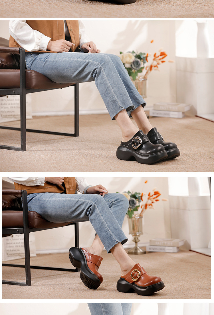 Sandal nữ quai ngang bít mũi đế dày da bò thật phong cách cổ điển — màu đen, Màu nâu