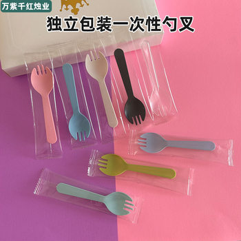 Cross-border Disposable Cake Fork Dessert Spoon Fruit Fork Ice Cream Plastic Knife and Fork Spoon Separate Packaging Spoon Fork
