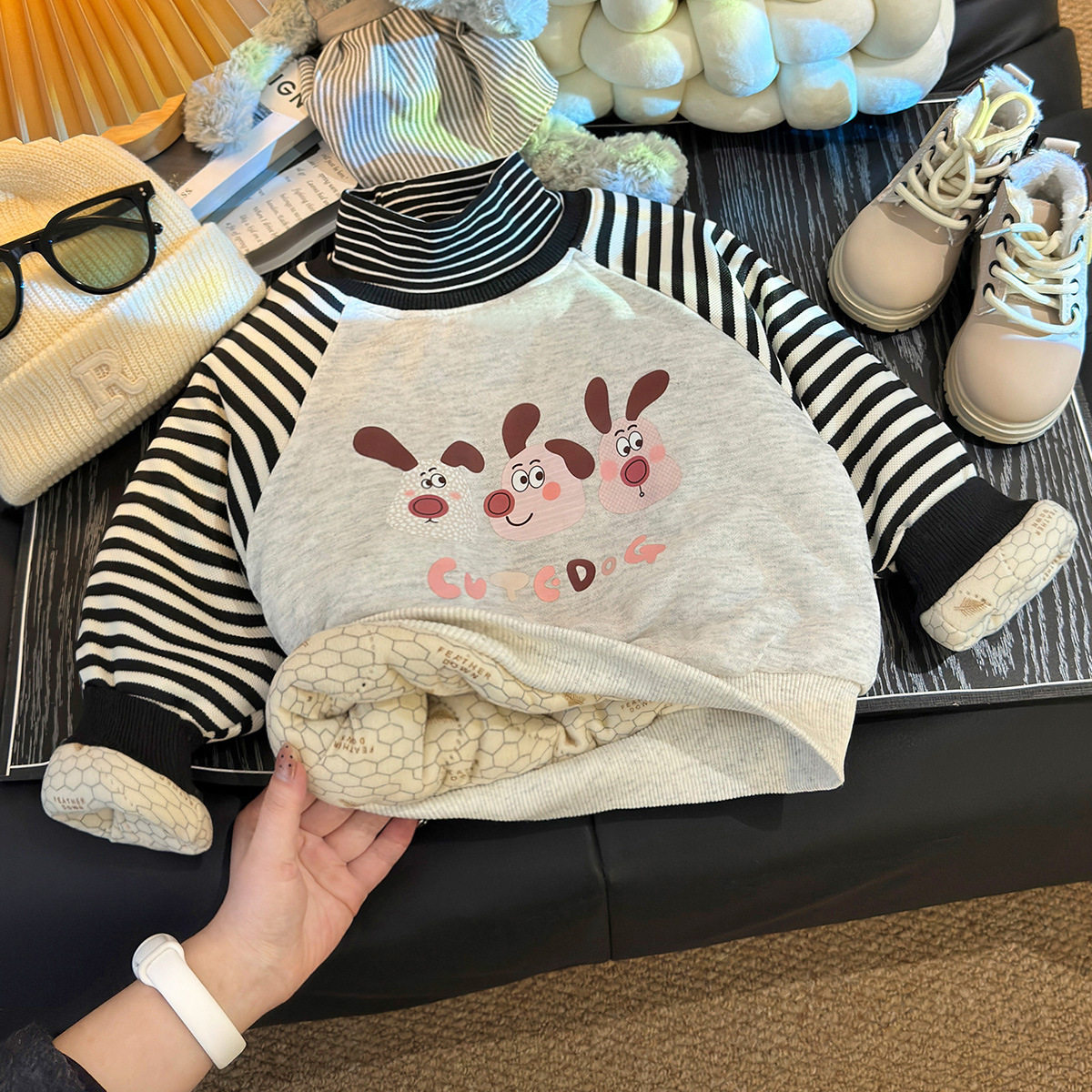 Children's Padded Thickened Top, New Winter Style, Boys & Girls Thermal Casual Striped Half-Turtleneck Undershirt