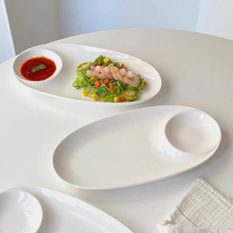 Pure White Household Ceramic Egg-Shaped Mother-In-Law Plate Divided Sushi Plate Dumpling Plate Commercial Snack Plate Salad Plate Dish