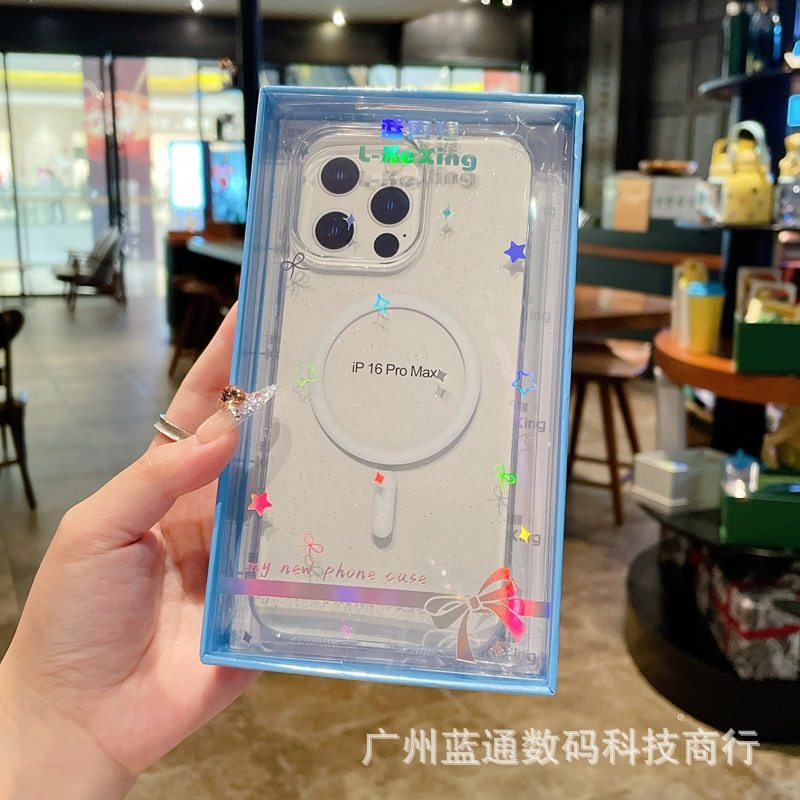 Transparent Glitter Magnetic Suction Suitable for Iphone16Promax Mobile Phone Case Apple 17 Non-Yellowing Pc15 Protective Cover 13
