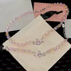 Pink Crystal Super Shiny Full Diamond Saturn Necklace for Women, Niche Sweet and High-End Planet Pendant, Versatile Cross-Border Hot Item