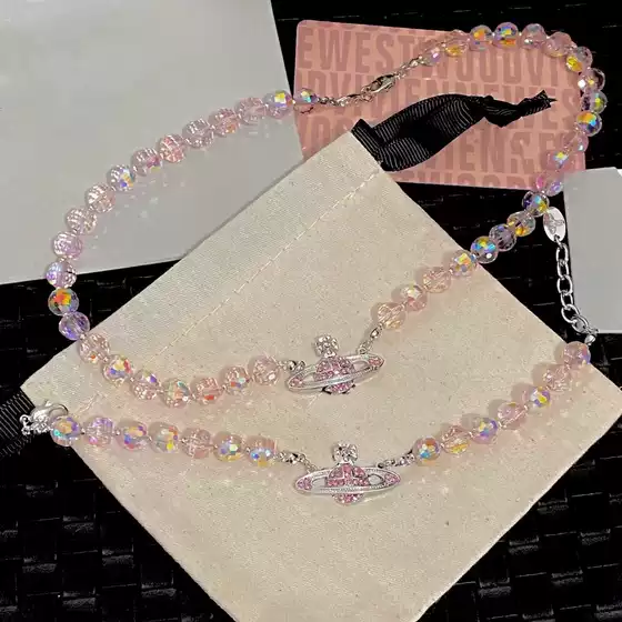 Pink Crystal Super Shiny Full Diamond Saturn Necklace for Women, Niche Sweet and High-End Planet Pendant, Versatile Cross-Border Hot Item