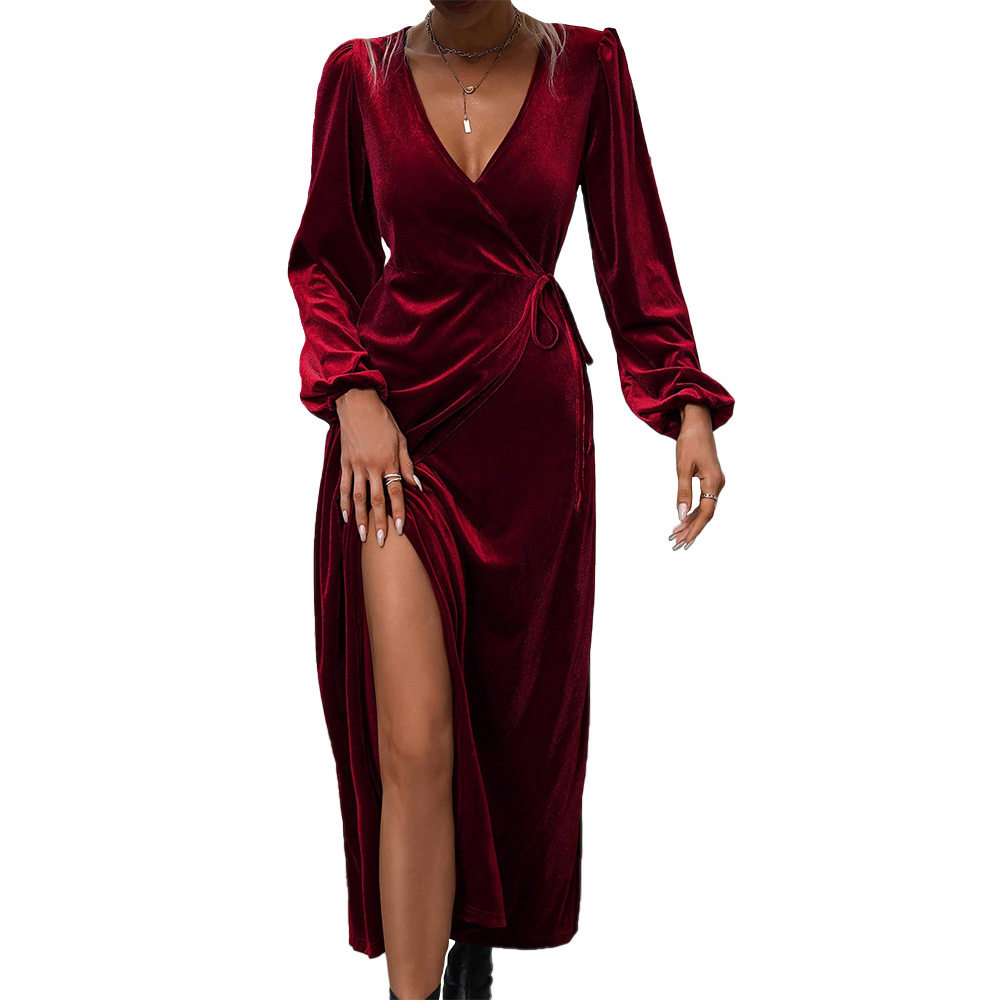 Velvet Midi Dress Elegant Burgundy Color Party Style Spring Summer Collection Wholesale Available