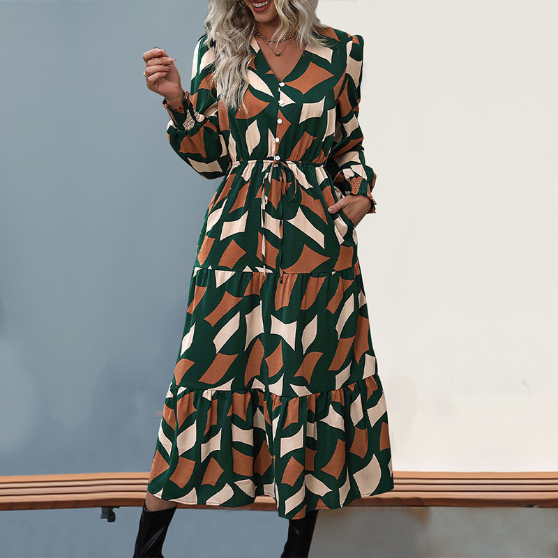 Womens Autumn Dress Irregular Pattern Printed Fabric Casual Style Wholesale Available OEM ODM service