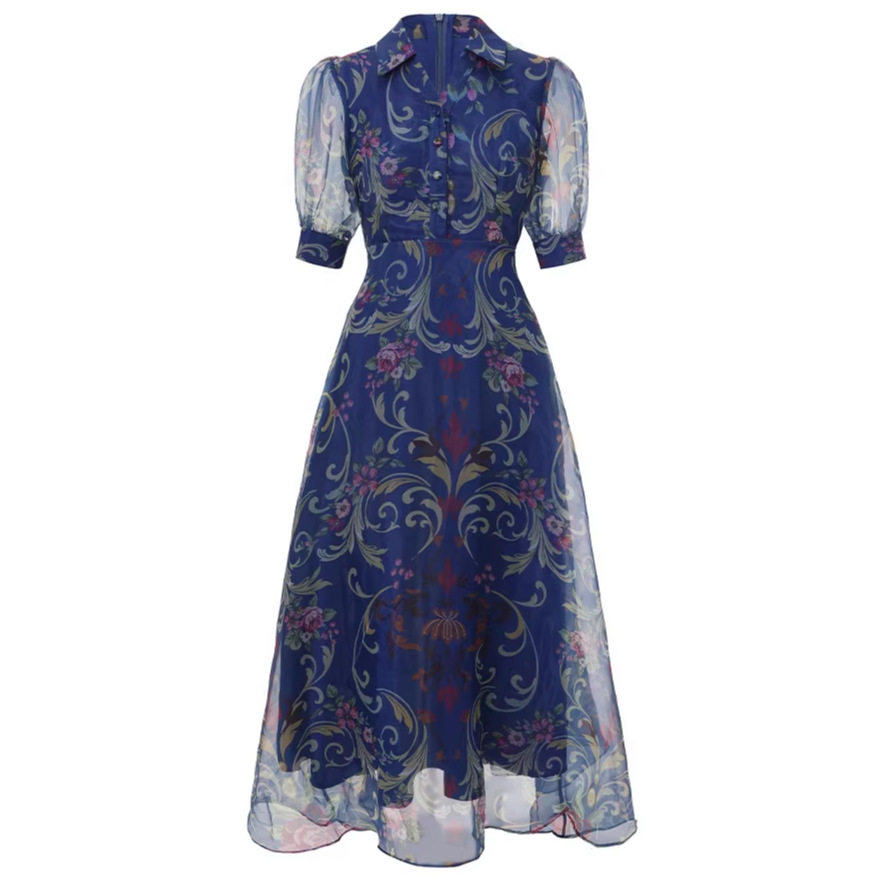 French Romantic Floral Puff Sleeve Dress Spring Summer Belted Waist A Line Silhouette Office Wear Wholesale