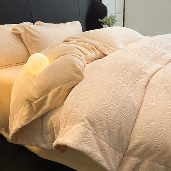 Class A Maternal and Infant Grade Three-dimensional Carved Milk Velvet Four-piece Set Thickened Warm High-grade Solid Color fleece-lined Winter Bedding